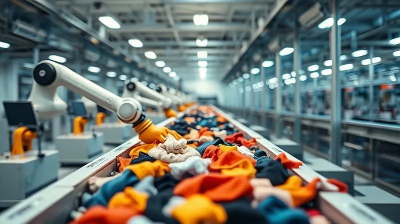 A photorealistic image of a modern, automated textile sorting facility, with robotic arms efficiently separating different types of fabrics on a conveyor belt. The scene is well-lit, clean, and futuristic, emphasizing technological advancement in recycling. Cinematic lighting, sharp focus on the machinery, depth of field blurring the background, 8K hyper-detailed.
