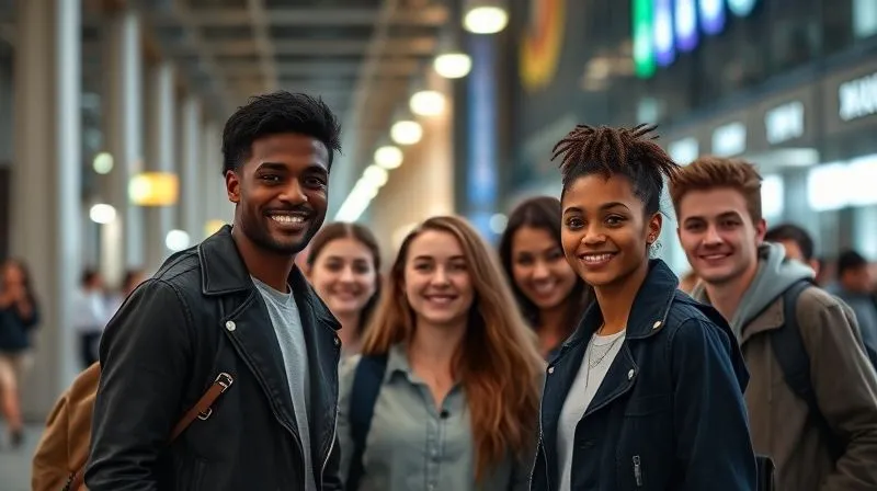 A photorealistic, professional photography, 8K, cinematic lighting, sharp focus, depth of field, shot on a high-end DSLR, of a diverse group of young, unique individuals with distinct personal styles, each looking confident and engaged in a dynamic, urban environment, subtly interacting with each other, conveying a sense of authentic community and individual expression. The lighting should highlight their personalities.