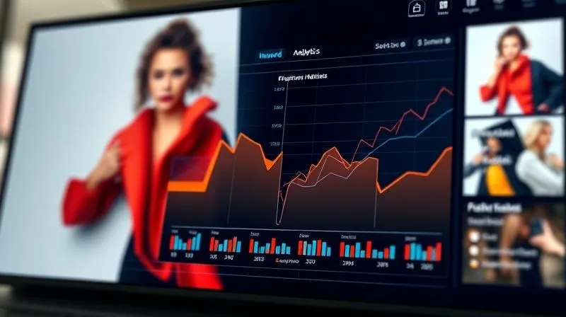 A photorealistic, professional photography, 8K, cinematic lighting, sharp focus, depth of field, shot on a high-end DSLR, depicting a modern analytics dashboard with vibrant, clear data visualizations (charts, graphs) showing upward trends in engagement, shares, and positive sentiment, subtly overlaid with a blurred background of a fashion campaign image, symbolizing the connection between creative storytelling and measurable success.