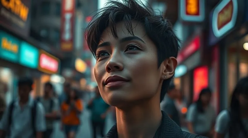 A candid, photorealistic shot of a stylish individual caught in a moment of reflection on a bustling city street, a subtle smile playing on their lips, cinematic lighting highlighting their thoughtful expression, sharp focus on their face, depth of field blurring the background, 8K hyper-detailed. photorealistic, professional photography, 8K, cinematic lighting, sharp focus, depth of field, shot on a high-end DSLR