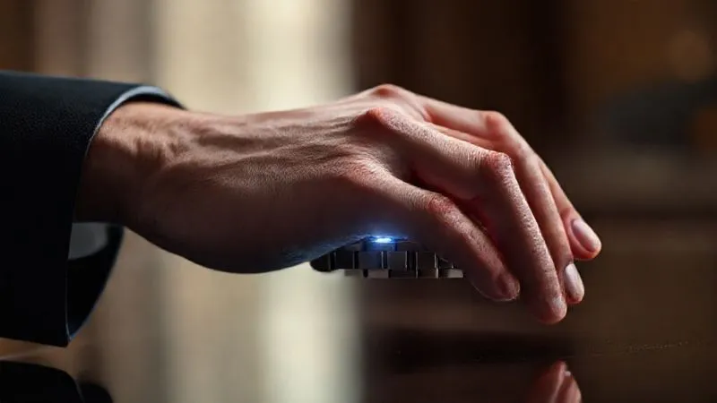photorealistic, professional photography, 8K, cinematic lighting, sharp focus, depth of field, shot on a high-end DSLR, a person's manicured hand elegantly touching a smooth, metallic surface of a luxury bracelet, a subtle, almost invisible light emanating from the bracelet as if responding to the touch, indicating seamless haptic interaction, in a soft, ambient light setting.
