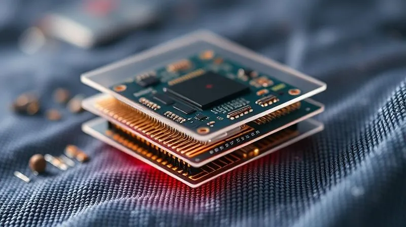 A photorealistic, professional photography image showing a cross-section of a smart fabric, revealing a flexible electronic circuit perfectly encapsulated within multiple layers of advanced, transparent, and stretchable polymer films. The layers are clearly defined, highlighting the protective design. Cinematic lighting, sharp focus on the encapsulated layers, depth of field blurring the background, 8K hyper-detailed, shot on a high-end DSLR.