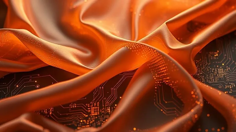 A photorealistic, professional photography, 8K, cinematic lighting, sharp focus, depth of field, shot on a high-end DSLR, depicting a conceptual art piece where flowing silk fabric is subtly interwoven with intricate, glowing circuit board patterns, symbolizing the tension and potential harmony between luxury aesthetics and technological engineering. The light highlights both the fabric's texture and the tech's subtle shimmer.