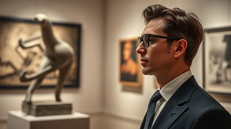 Photorealistic, professional photography, 8K, cinematic lighting, sharp focus, depth of field, shot on a high-end DSLR. An elegant, well-dressed individual in a sophisticated art gallery, wearing distinctive luxury eyewear, gazing thoughtfully at a modern sculpture. The scene conveys an atmosphere of cultured appreciation, personal style, and aspirational lifestyle, subtly highlighting the eyewear as an integral part of their identity and story.