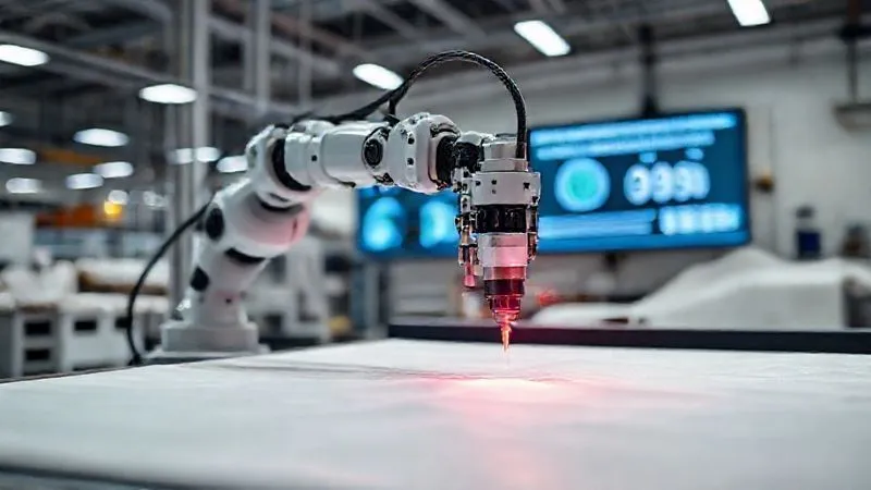 A photorealistic, professional photography, 8K image of a robotic arm meticulously cutting fabric with a laser, creating zero waste patterns. The factory floor is clean and brightly lit, with a digital display in the background showing reduced material consumption metrics. Cinematic lighting, sharp focus on the laser and fabric, depth of field blurring the background. Shot on a high-end DSLR, conveying efficiency and eco-friendliness.
