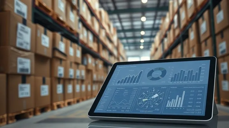 photorealistic, professional photography, 8K, cinematic lighting, sharp focus, depth of field, shot on a high-end DSLR, a modern warehouse aisle filled with neatly stacked, labeled boxes of urban fashion apparel, a tablet displaying complex inventory data with charts and graphs in the foreground, creating a sense of meticulous organization and data analysis.