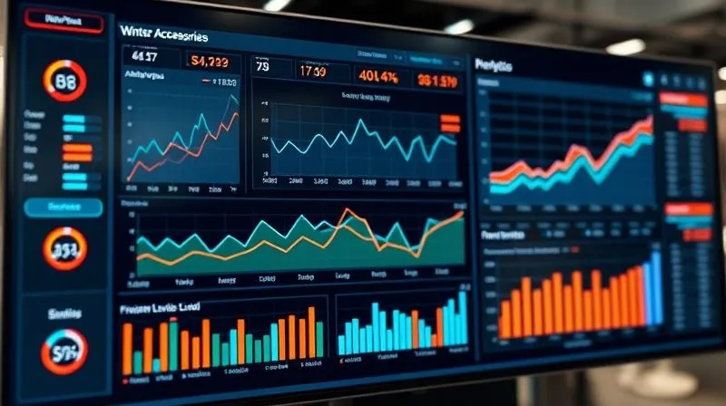 A photorealistic image of a sleek, modern data dashboard displaying complex sales analytics, trend lines, and inventory levels for winter accessories. The screen shows a clear, actionable forecast, with cinematic lighting, sharp focus, depth of field, 8K hyper-detailed, professional photography, shot on a high-end DSLR.