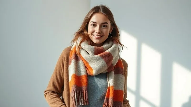 A photorealistic, stylish influencer posing naturally in a well-lit, minimalist studio, showcasing a fashionable winter scarf as a transitional accessory. The focus is on the elegance and versatility of the accessory, with sharp focus, depth of field, 8K hyper-detailed, professional photography, shot on a high-end DSLR.