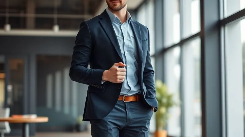 A photorealistic image of a man in a modern business casual office, wearing a perfectly fitted navy blazer over a light blue collared shirt and tailored chinos. He is standing confidently, perhaps gesturing subtly during a conversation. Cinematic lighting, sharp focus, depth of field, 8K, professional photography, shot on a high-end DSLR. A photorealistic image of a man in a modern business casual office, wearing a perfectly fitted navy blazer over a light blue collared shirt and tailored chinos. He is standing confidently, perhaps gesturing subtly during a conversation. Cinematic lighting, sharp focus, depth of field, 8K, professional photography, shot on a high-end DSLR.