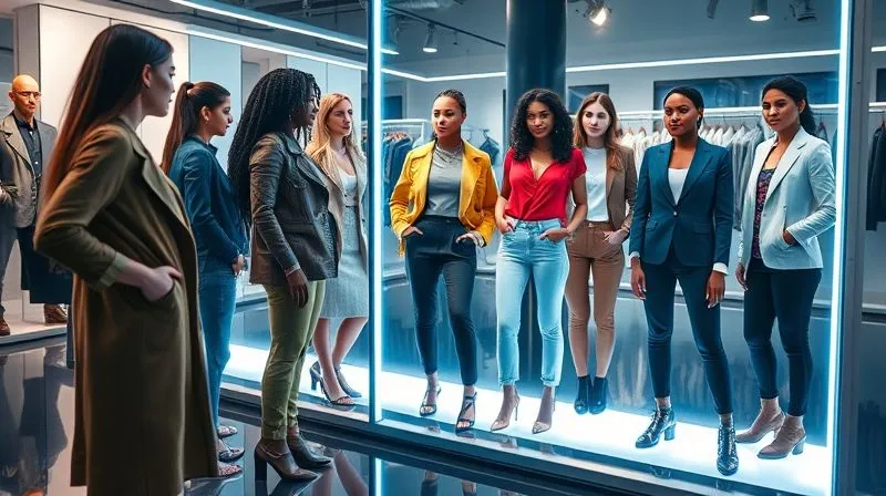 A diverse group of individuals (various body types, ages, ethnicities) looking confidently into a futuristic, glowing virtual mirror, seeing themselves wearing different stylish outfits that appear perfectly fitted and realistic. The background is a sleek, minimalist fashion showroom. Photorealistic, professional photography, 8K, cinematic lighting, sharp focus on the individuals and the mirror, depth of field blurring the background, shot on a high-end DSLR.