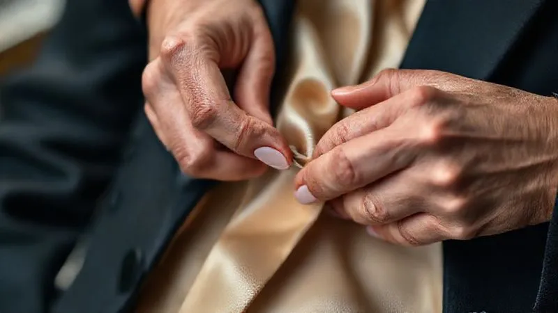 Photorealistic, professional photography, 8K, cinematic lighting, sharp focus, depth of field, shot on a high-end DSLR. A close-up of a couturier's hands carefully unpicking a finely hand-stitched seam on a delicate silk lining of a haute couture jacket. The focus is on the precision and gentle touch, with the luxurious outer fabric slightly blurred in the background, suggesting meticulous attention to detail during alterations.