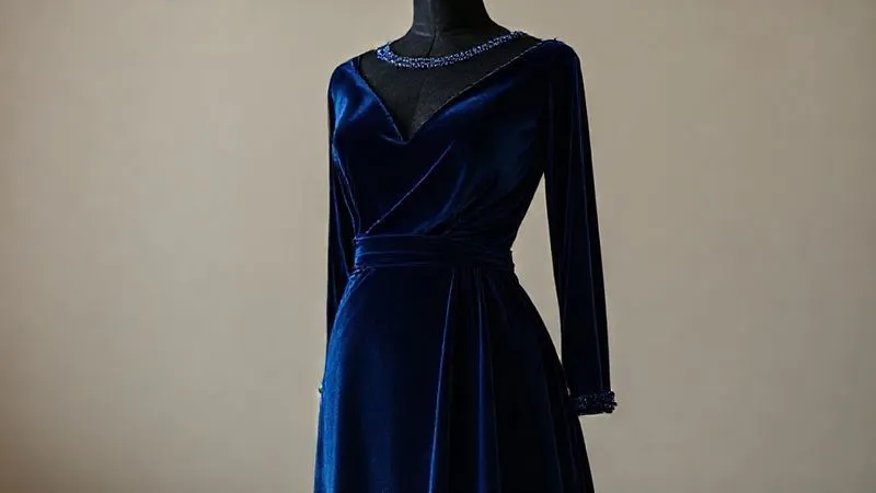 Photorealistic, professional photography, 8K, cinematic lighting, sharp focus, depth of field, shot on a high-end DSLR. A luxurious midnight blue velvet haute couture gown, exquisitely draped, displayed on a custom-fitted mannequin. The gown has subtle, intricate beadwork along the neckline and cuffs. The lighting emphasizes the rich texture of the velvet and the perfect, adaptable silhouette, conveying timeless elegance and bespoke craftsmanship.