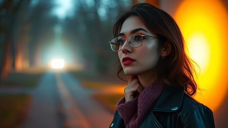 photorealistic, professional photography, 8K, cinematic lighting, sharp focus, depth of field, shot on a high-end DSLR, a stylish fashion blogger thoughtfully looking at two paths, one illuminated by a soft, warm light representing genuine connection and creativity, the other by a harsh, bright spotlight representing commercial pressure and brand logos, a sense of thoughtful deliberation.