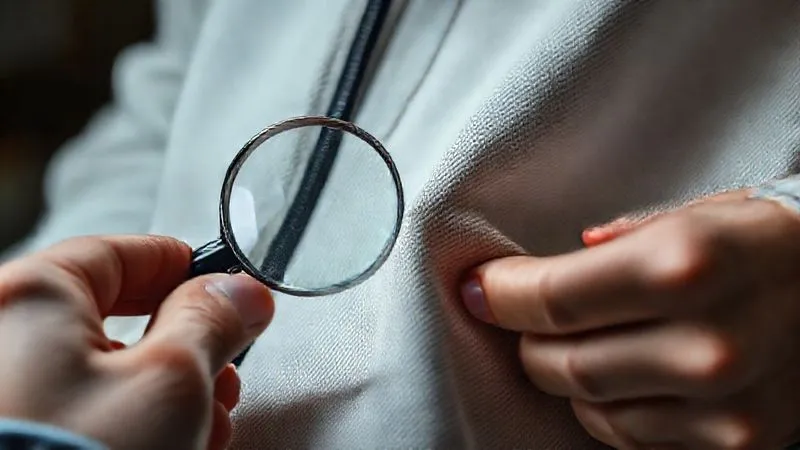 A photorealistic close-up of a person's hands meticulously examining the stitching and fabric texture of a high-quality garment, with a magnifying glass held subtly in one hand. The lighting is bright and even, highlighting intricate details. Professional photography, 8K, cinematic lighting, sharp focus on the fabric and hands, depth of field, shot on a high-end DSLR.