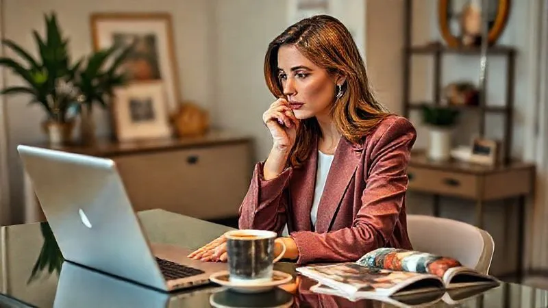 A photorealistic image of a thoughtful fashion blogger, perhaps a woman in her late 30s or early 40s, with a stylish yet professional appearance, sitting at a chic desk. She is looking contemplatively at her laptop screen, with a cup of coffee and a fashion magazine nearby. The background is a tastefully decorated home office or studio. Professional photography, 8K, cinematic lighting, sharp focus on the blogger, depth of field, shot on a high-end DSLR.