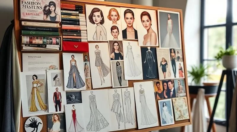 A photorealistic image of a meticulously organized fashion stylist's mood board, featuring fabric swatches, sketches of haute couture gowns, celebrity portraits, abstract art references, and cultural symbols, all arranged cohesively under cinematic lighting, sharp focus on the details, depth of field blurring a luxurious atelier background, 8K hyper-detailed, shot on a high-end DSLR.