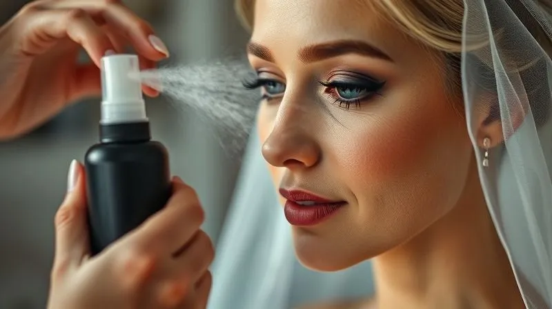 A close-up, photorealistic, professional photography, 8K shot of a makeup artist's hands meticulously applying a fine mist of setting spray to a bride's face. The spray creates a visible, even veil over the perfectly applied makeup. Cinematic lighting, sharp focus on the spray and the bride's serene expression, depth of field blurring the background.