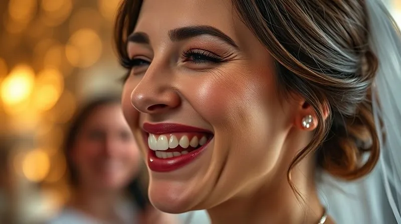 A photorealistic, professional photography, 8K shot of a bride laughing joyfully, with a single delicate tear tracing a path on her cheek, but her mascara and eyeliner remain perfectly intact and smudge-free. Cinematic lighting, sharp focus on her radiant face, depth of field blurring the celebratory background, highlighting the resilience of her makeup.