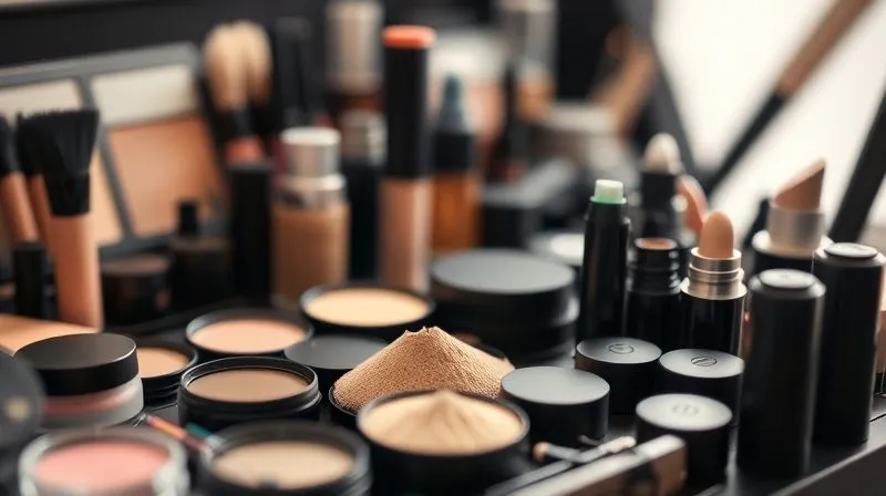 A photorealistic, professional photography, 8K shot of a makeup artist's meticulously organized toolkit, featuring an array of high-performance, long-wear makeup products in sleek, minimalist packaging. Cinematic lighting, sharp focus on the textures of powders and liquids, depth of field blurring the background, emphasizing precision and expertise.