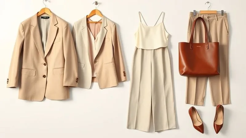 A photorealistic mood board displaying elements of professional casual chic: a perfectly tailored blazer in a neutral tone, a silk camisole, sophisticated wide-leg trousers, a structured leather tote bag, and elegant low-heel pumps. The lighting is soft and natural, emphasizing texture and quality, 8K, cinematic lighting, sharp focus, depth of field, shot on a high-end DSLR.