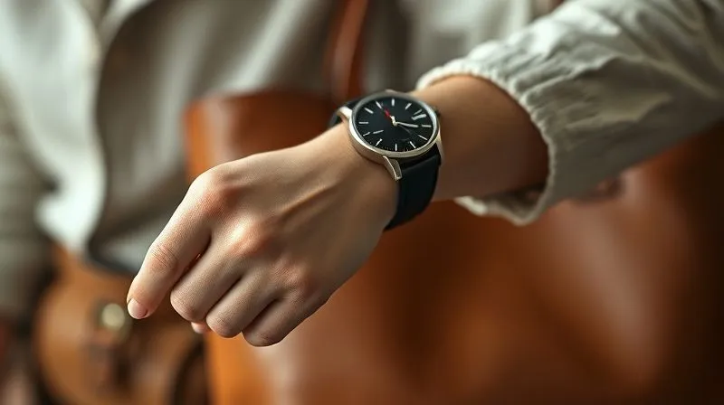 A close-up, photorealistic shot of a woman's hands subtly adjusting a high-quality leather watch on her wrist, with a structured leather tote bag visible in soft focus in the background. The focus is on the details and texture, conveying understated luxury and professionalism, 8K, cinematic lighting, sharp focus, depth of field, shot on a high-end DSLR.