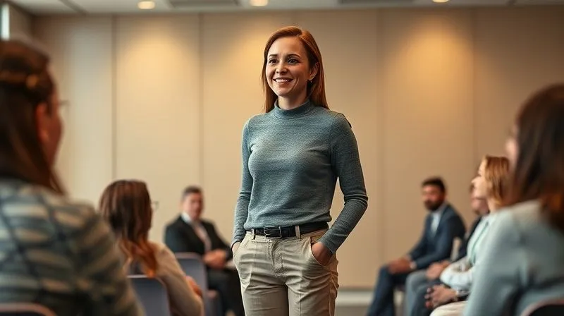 A photorealistic, professional photography, 8K, cinematic lighting, sharp focus, depth of field, shot on a high-end DSLR. A woman in a smart casual chic outfit (e.g., a well-fitting knit top and tailored pants) standing confidently with excellent posture, a warm yet authoritative smile, addressing a group in a modern, well-lit conference room. The image conveys inner strength and poised leadership.