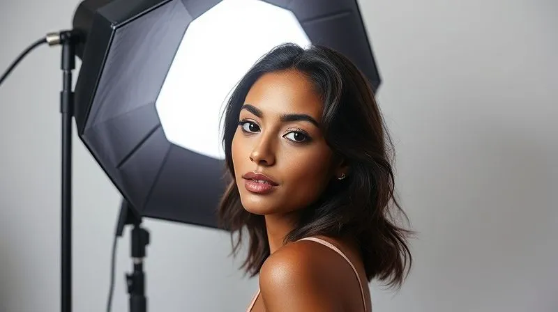 Photorealistic, professional photography, 8K, cinematic lighting, sharp focus, depth of field, shot on a high-end DSLR. A studio setup showing a large octabox light source positioned above and slightly to the side of a model with medium-dark skin, casting soft, even light across her face. The model is looking towards the camera with a confident expression, demonstrating the effectiveness of the soft light. The studio background is clean and minimalistic.