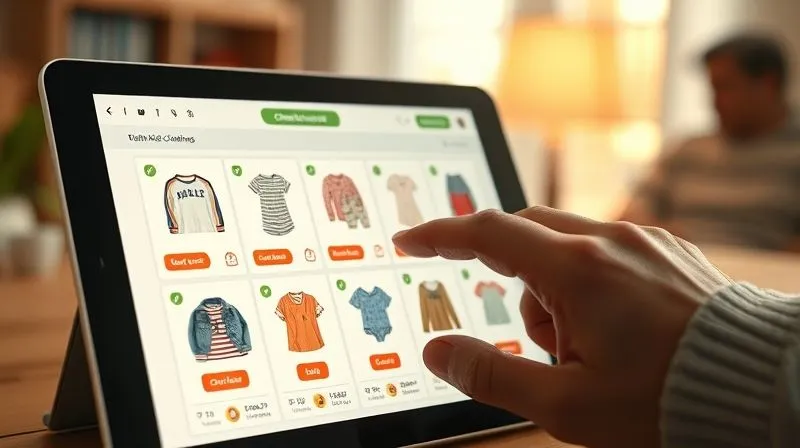 A well-organized online shopping cart displayed on a tablet screen, showing various eco-friendly kids' clothing items with clear discount tags. A hand is about to click 'checkout', with a backdrop of soft, warm home lighting. Photorealistic, professional photography, 8K, cinematic lighting, sharp focus, depth of field, shot on a high-end DSLR.