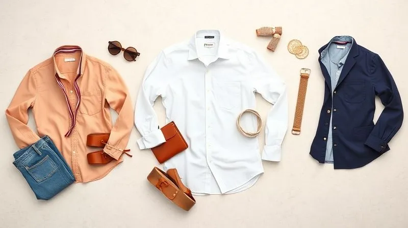 A photorealistic flat lay of three distinct outfits, each centered around a single versatile piece like a white button-down shirt, styled for different occasions (casual, work, evening). Each outfit uses unique accessories and complementary garments, arranged artfully on a clean, textured background. Soft, even studio lighting, sharp focus on all elements, 8K hyper-detailed, professional photography, shot on a high-end DSLR.