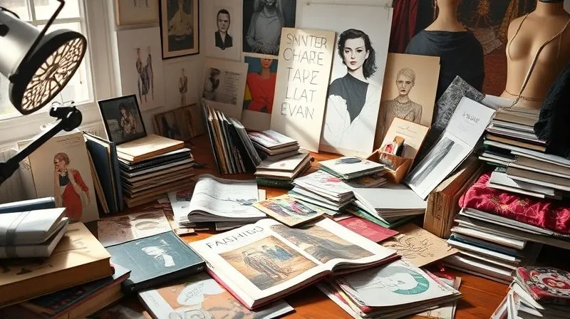 A photorealistic image of a fashion stylist's messy but inspiring desk, filled with open art books, vintage fashion magazines, fabric swatches, abstract sketches, and a single focused spotlight creating dramatic shadows, 8K, cinematic lighting, sharp focus on the creative chaos, depth of field blurring the background, shot on a high-end DSLR.