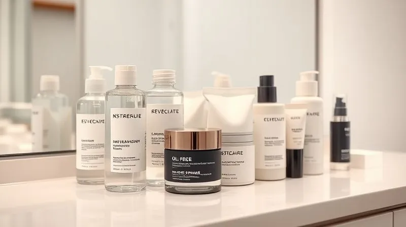 Photorealistic, professional photography, 8K, a close-up of a diverse range of high-performance, oil-free skincare products (cleanser, toner, mattifying moisturizer, silicone primer) meticulously arranged on a clean, minimalist vanity. The textures of the products are visible, perhaps a gel moisturizer or a silky primer. Cinematic lighting illuminates the scene, highlighting the labels and the sleek packaging, sharp focus on the products, depth of field blurring a subtle reflection, shot on a high-end DSLR, conveying precision and the promise of a flawless base.