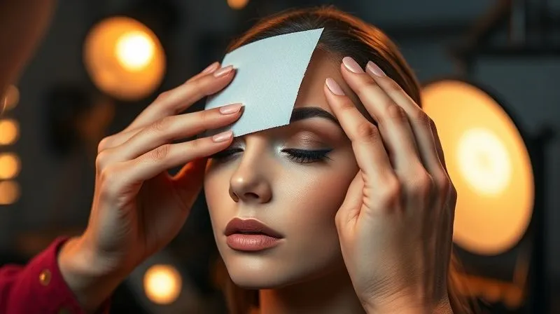 Photorealistic, professional photography, 8K, a close-up of a makeup artist's hands delicately pressing a blotting paper onto a model's forehead under the warm glow of studio lights. The model's makeup is flawless and matte, with a subtle sheen only where intended. Cinematic lighting highlights the texture of the blotting paper and the artist's focused expression, sharp focus on the hands and blotting paper, depth of field blurring the background studio equipment, shot on a high-end DSLR, conveying meticulous care and on-set precision.