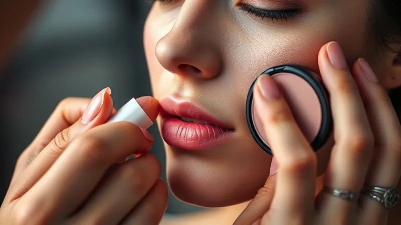 Photorealistic, professional photography, 8K, a close-up of a makeup artist's hands demonstrating the technique of layering a cream blush followed by a powder blush on a model's cheekbone. The products are visible, perhaps a cream stick and a compact powder. Cinematic lighting highlights the subtle blend and the smooth, perfected skin texture, sharp focus on the application area, depth of field blurring the background, shot on a high-end DSLR, conveying expert technique and product efficacy.