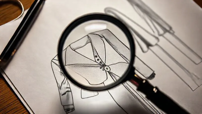 A photorealistic image of a magnifying glass hovering over a detailed fashion sketch, highlighting a specific, unique garment detail, symbolizing 'micro-niche exploration'. Professional photography, 8K, cinematic lighting, sharp focus, depth of field, shot on a high-end DSLR.