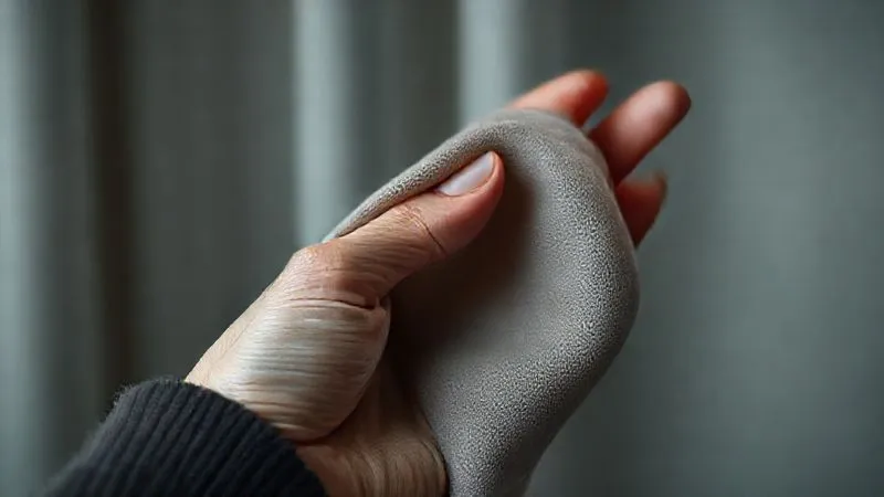 A photorealistic close-up of a hand gently draping a luxurious fabric (e.g., cashmere or silk) against a subtly blurred background, emphasizing texture and quality. Professional photography, 8K, cinematic lighting, sharp focus, depth of field, shot on a high-end DSLR, conveying a sense of tactile richness.