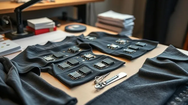 A photorealistic image of a designer's desk, showcasing smart garment prototypes with clearly detachable electronic modules, alongside swatches of sustainable fabrics. The scene is well-lit, emphasizing innovation and meticulous design. Professional photography, 8K, cinematic lighting, sharp focus on the prototypes, depth of field blurring the background, shot on a high-end DSLR.