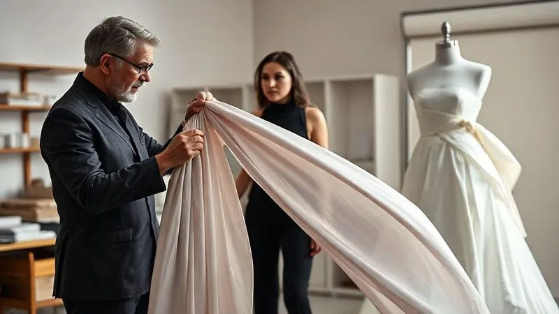 photorealistic, professional photography, 8K, cinematic lighting, sharp focus, depth of field, shot on a high-end DSLR, a haute couture atelier, a designer holding a beautifully draped, flowing fabric panel, demonstrating a creative adaptation to a client, the client looking on with thoughtful consideration, a partially finished gown on a mannequin in the background, symbolizing the process of transformation and innovative problem-solving, soft, artistic lighting highlighting the textures of the fabrics.