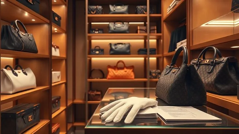 A photorealistic image of a luxurious walk-in closet with shelves displaying meticulously organized limited edition luxury handbags in their original dust bags and boxes, bathed in soft, warm light. A pair of white cotton gloves rests on a shelf next to a pristine receipt. Professional photography, 8K, cinematic lighting, sharp focus, depth of field.