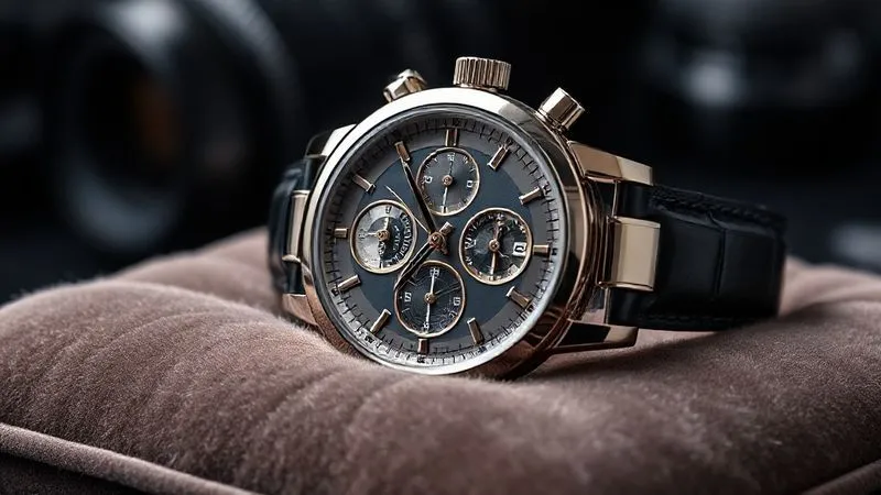 A photorealistic close-up of a limited edition luxury watch (e.g., a Patek Philippe Grand Complication) displayed on a plush velvet cushion, meticulously photographed with sharp focus on its intricate dial and polished case. Soft, studio-quality lighting highlights every detail, depth of field blurs a professional camera lens in the background. Professional photography, 8K, hyper-detailed.