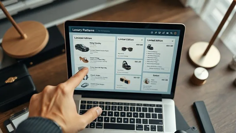 A photorealistic overhead shot of a laptop screen displaying various luxury resale platform interfaces, each with different limited edition accessories listed. A hand points to a specific listing, symbolizing choice and strategy. The background is a sophisticated office desk with subtle luxury items. Professional photography, 8K, cinematic lighting, sharp focus, depth of field.