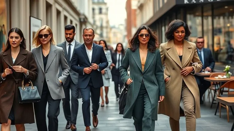 A photorealistic image of a diverse group of stylish individuals from different backgrounds and ages, each impeccably dressed in luxury fashion, engaging in various activities (e.g., attending a gallery, walking a bustling city street, enjoying a quiet cafe). The image conveys elegance, authenticity, and broad appeal. Cinematic lighting, 8K, professional photography, depth of field.