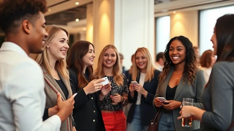 A photorealistic image of a diverse group of fashion bloggers and brand representatives networking at a stylish industry event, exchanging business cards and laughing. The setting is modern and chic, with soft ambient lighting creating an inviting atmosphere. Sharp focus on the interactions, with depth of field blurring the elegant background. 8K hyper-detailed, professional photography, shot on a high-end DSLR.