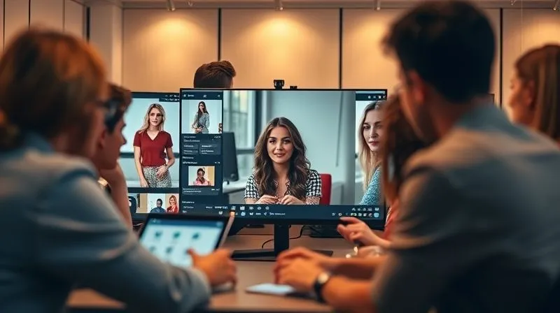 A photorealistic image of a diverse group of fashion enthusiasts engaging in a lively online video call, with a fashion blogger leading the discussion from her screen. The atmosphere is warm and collaborative, with chat windows and shared style boards visible on the screens. Cinematic lighting, sharp focus on the central blogger, with depth of field blurring the individual participant windows. 8K hyper-detailed, professional photography, shot on a high-end DSLR.