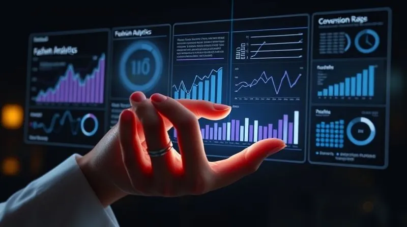 A photorealistic image of a hand interacting with a holographic interface displaying various fashion blog analytics: revenue charts, traffic graphs, and conversion rates, all in a sleek, futuristic design. The hand is stylishly manicured, reflecting the fashion niche. Dark, moody lighting with glowing data points. 8K hyper-detailed, professional photography, shot on a high-end DSLR.