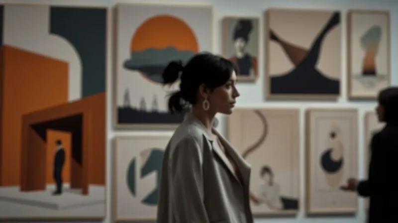 Photorealistic image of a mood board for a contemporary jewelry designer, showcasing abstract art, architectural elements, and minimalist fashion, with a blurred silhouette of a thoughtful collector in the background, cinematic lighting, sharp focus, depth of field, 8K, shot on a high-end DSLR.