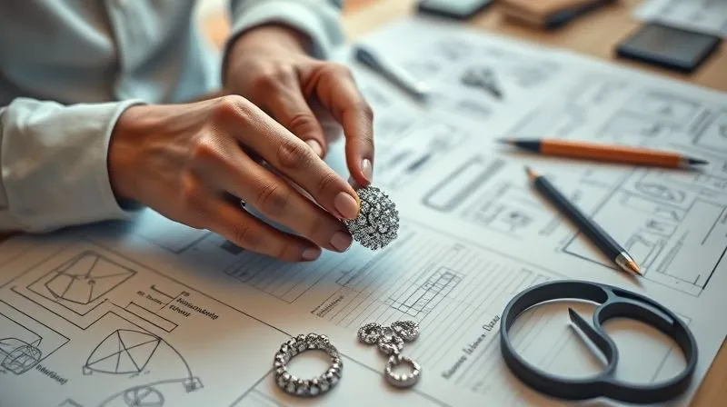 Photorealistic image of a contemporary jewelry designer's hands meticulously working on a complex piece, surrounded by design sketches and intellectual property documents (blurred in the background) on a clean, modern workbench. Cinematic lighting, sharp focus on the hands and jewelry, depth of field, 8K, shot on a high-end DSLR.
