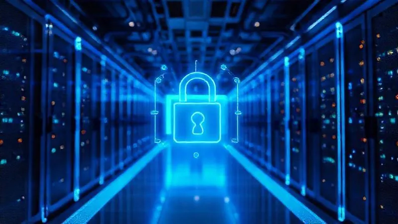 photorealistic, professional photography, 8K, cinematic lighting, sharp focus, depth of field, shot on a high-end DSLR image of a futuristic data center with glowing blue security barriers and digital shields protecting rows of servers. In the foreground, a stylized digital lock icon reinforces the theme of robust data infrastructure.