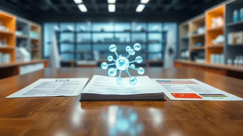 Photorealistic, professional photography, 8K, cinematic lighting, sharp focus on a diverse set of regulatory documents from different countries (EU, FDA, China) laid out on a polished wooden table, with a glowing molecular structure model placed centrally, depth of field blurring a modern lab in the background, symbolizing the global complexity of biotech cosmetic regulation, hyper-detailed, professional.