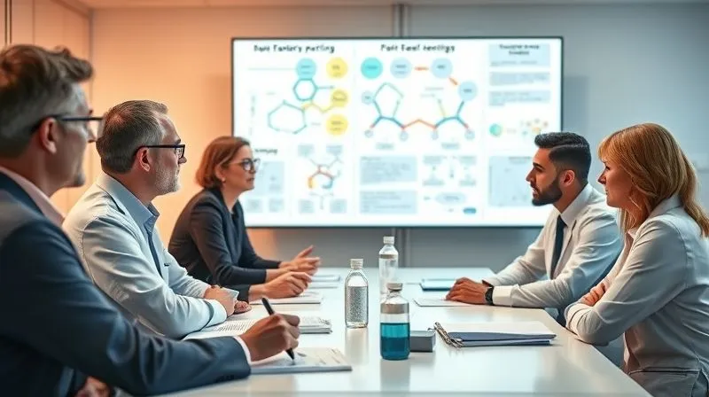 Photorealistic, professional photography, 8K, cinematic lighting, sharp focus on a diverse team of scientists and regulatory experts having a collaborative discussion in a modern, brightly lit conference room, with a large screen displaying complex molecular diagrams and regulatory flowcharts, depth of field blurring the background, conveying partnership and problem-solving, professional, hyper-detailed.