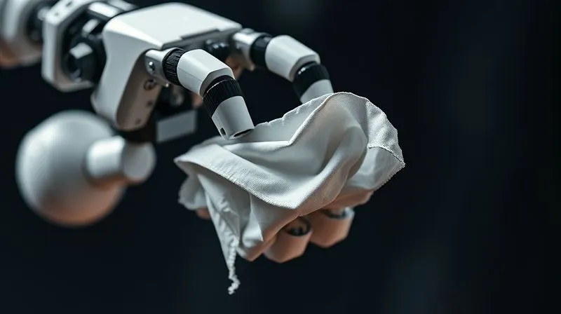 A photorealistic, professional photography, 8K, cinematic lighting, sharp focus, depth of field, shot on a high-end DSLR, a traditional rigid two-fingered robotic gripper attempting to grasp a very thin, crumpled piece of fabric, showing the fabric slipping or getting damaged, conveying frustration and inadequacy.